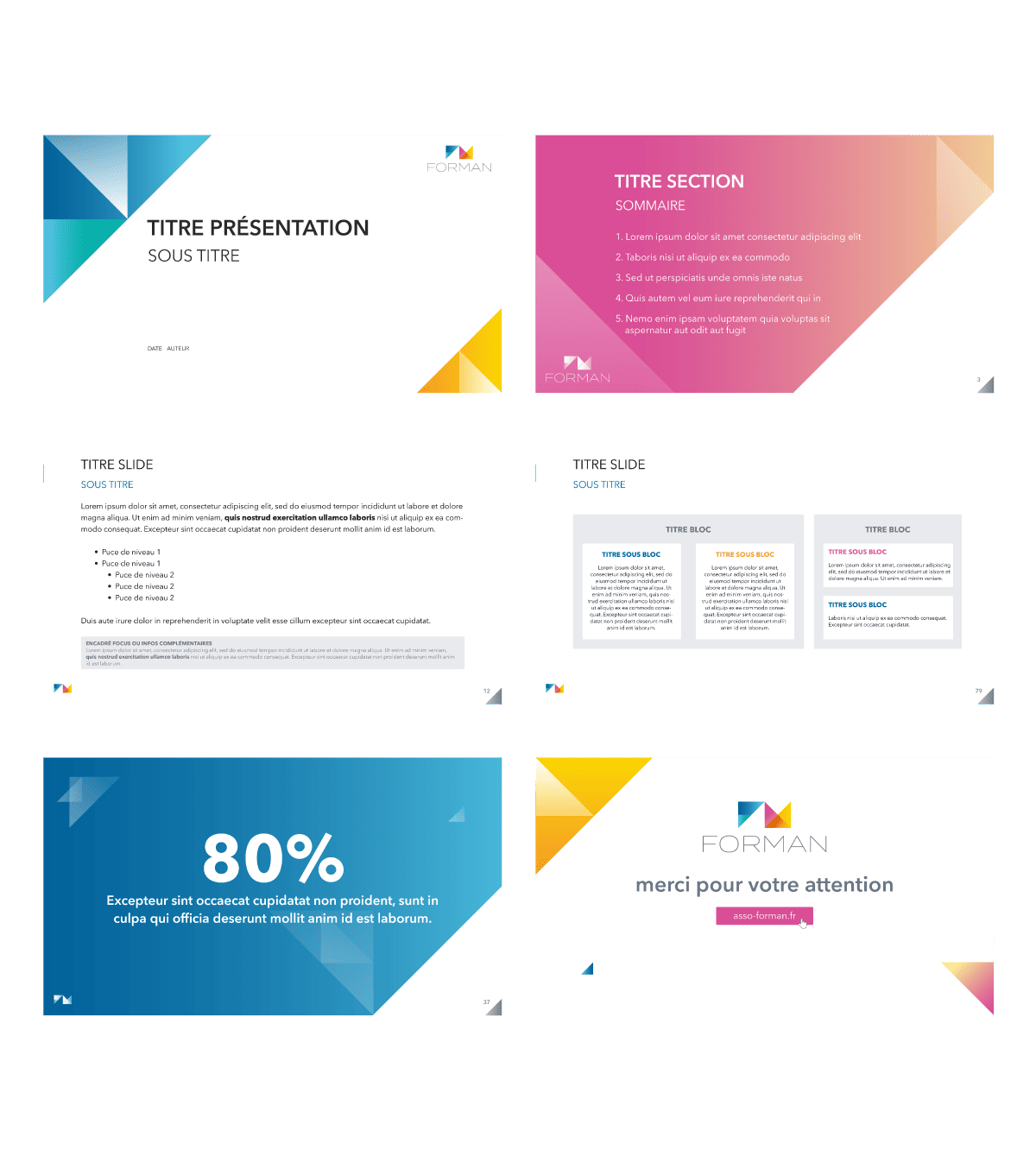 Présentations PowerPoint avec titres, texte et graphiques colorés.