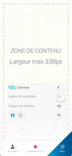 Écran de réglage avec options de colonnes et largeur en pixels.