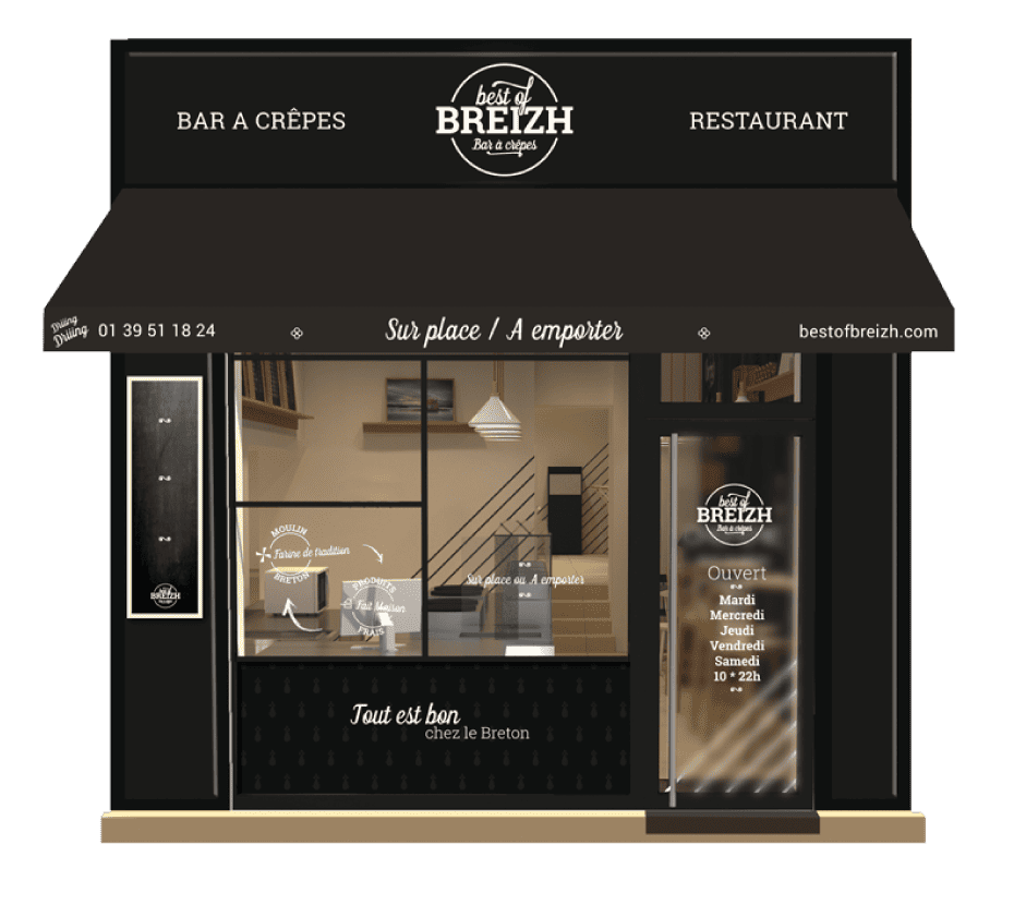 Façade d'un restaurant "Best of Breizh" avec store et horaires d'ouverture.