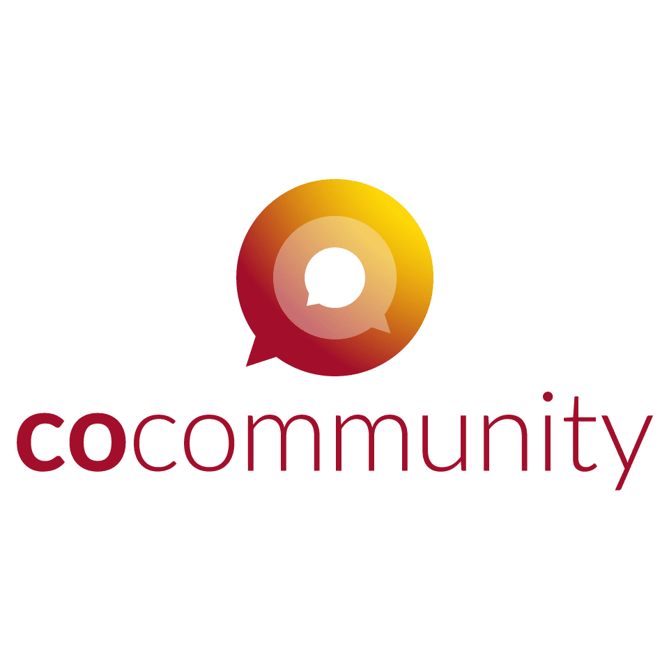 Logo avec un bulle de dialogue rouge et jaune et texte "community".