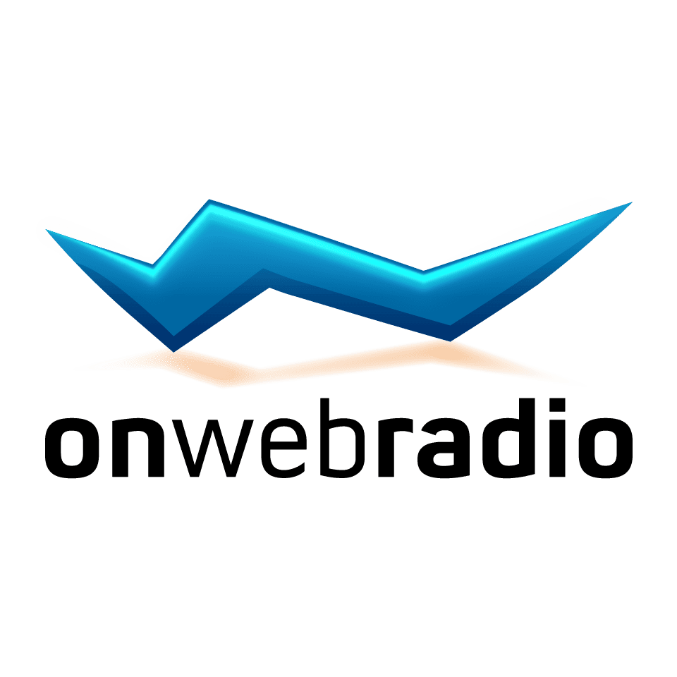 Logo avec texte "onwebradio" sous un symbole bleu et orange stylisé.