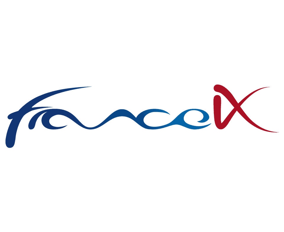 Logo de FranceIX avec texte stylisé bleu et rouge sur fond bleu.