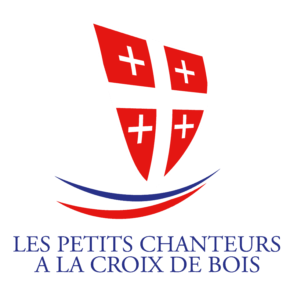 Blason blanc à croix rouge sur fond rouge, texte: Les Petits Chanteurs à la Croix de Bois.