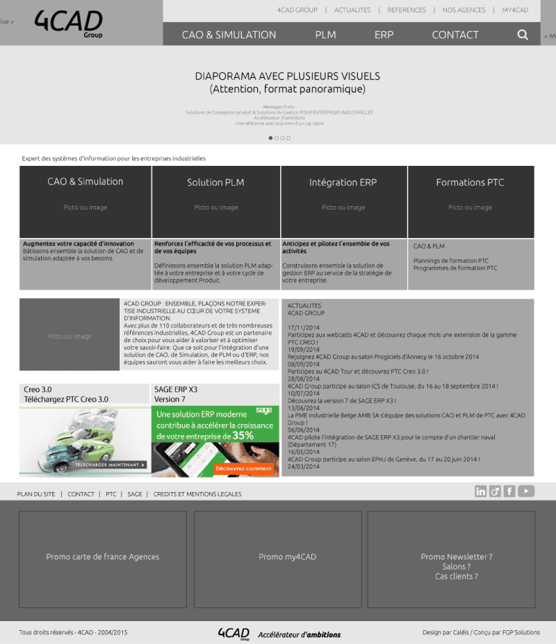 Page web de 4CAD Group avec informations sur solutions CAO, PLM, ERP et formations.