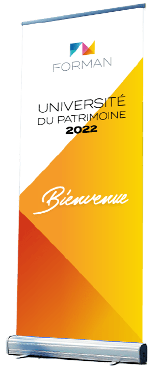 Bannière: "Université du Patrimoine 2022, Bienvenue". Design jaune et orange.