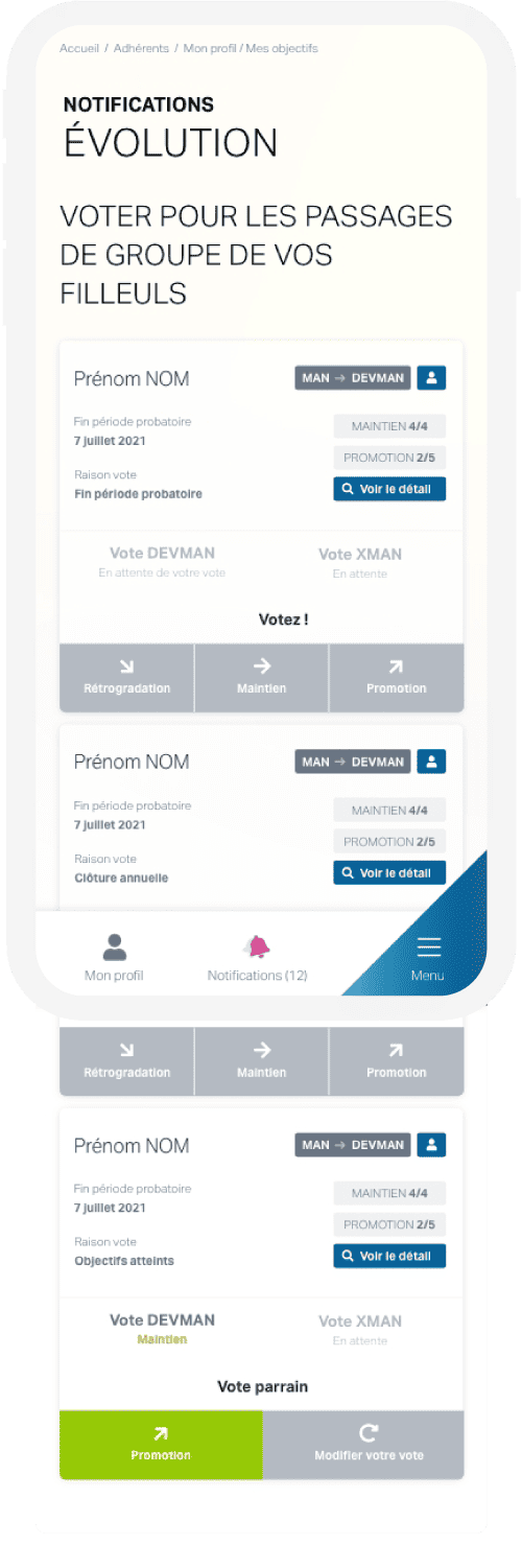 Interface mobile de votes pour l'évolution des filleuls, avec options et détails de promotions.