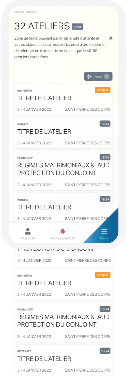 Liste de 32 ateliers à Saint-Pierre-des-Corps, 3-4 janvier 2022, statut "complet".