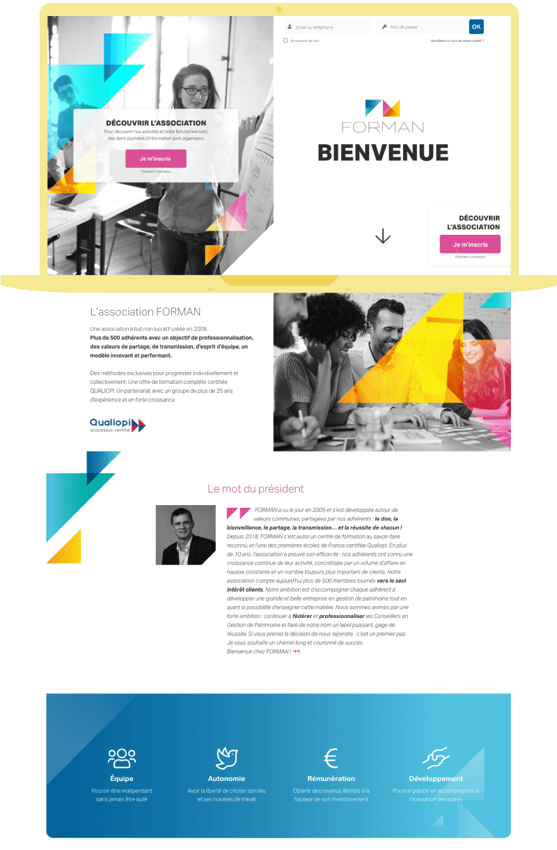Page d'accueil du site FORM, avec texte sur l'association et ses valeurs.