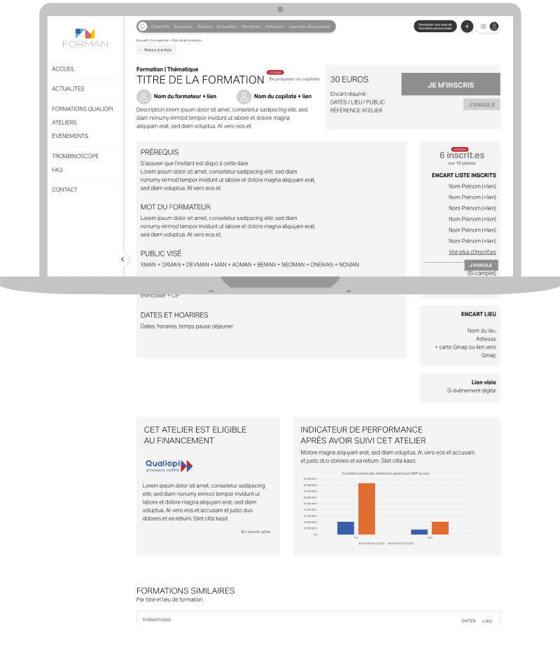Page web de formation avec détails et graphiques de performance.
