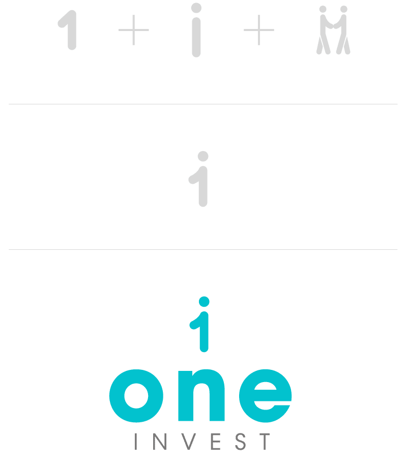 "Graphique montrant '1+i+symbole humain', transformé en logo 'one INVEST'."