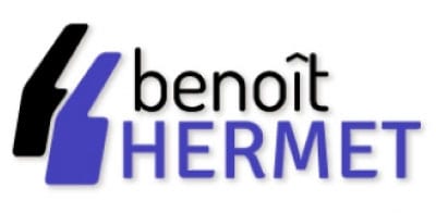 Logo avec texte "benoît HERMET" et formes graphiques noires et bleues.