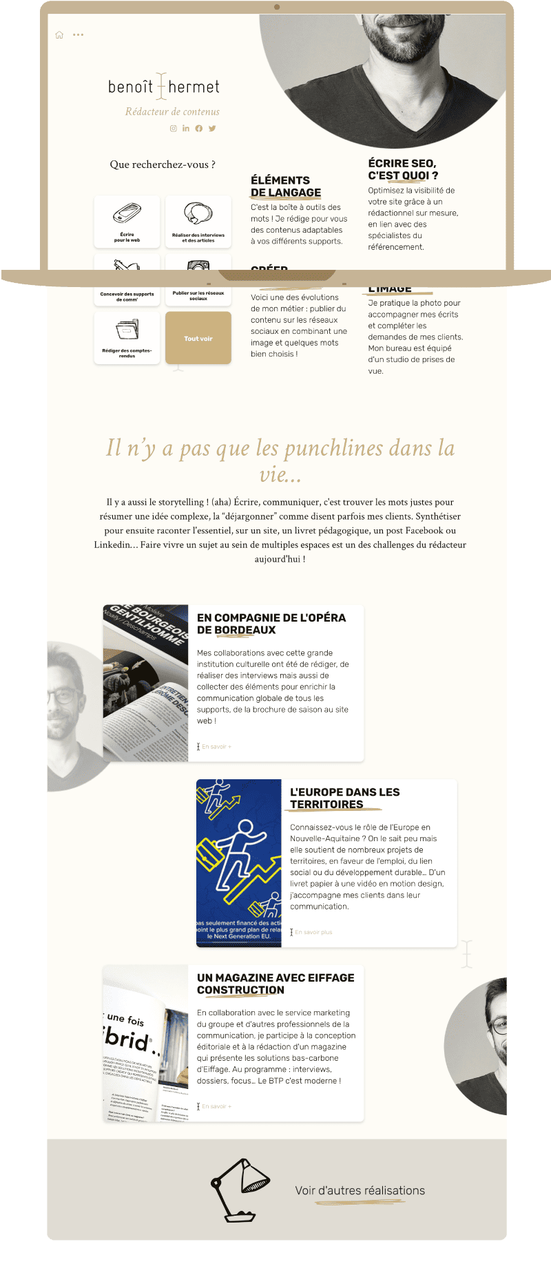 Page web de Benoît Hermet, rédacteur de contenu, avec divers services et articles.