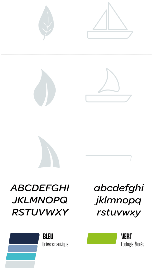 Icônes de feuille et bateau, texte en bleu et vert, palettes de couleurs.