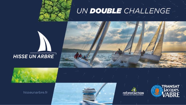 Course de voiliers "Hisse un Arbre" avec logos et texte "Un Double Challenge".