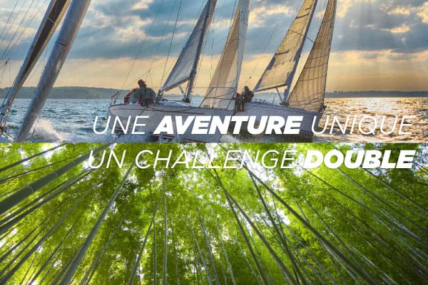 Voilier en mer au coucher du soleil et forêt de bambous, texte "Une aventure unique".