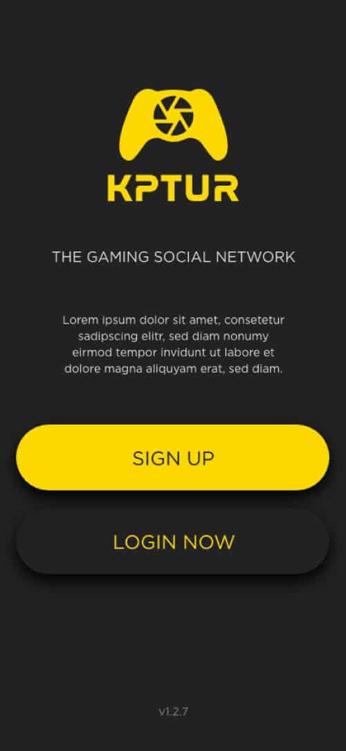 Écran d'accueil de l'application KPTUR avec options "Sign Up" et "Login Now".