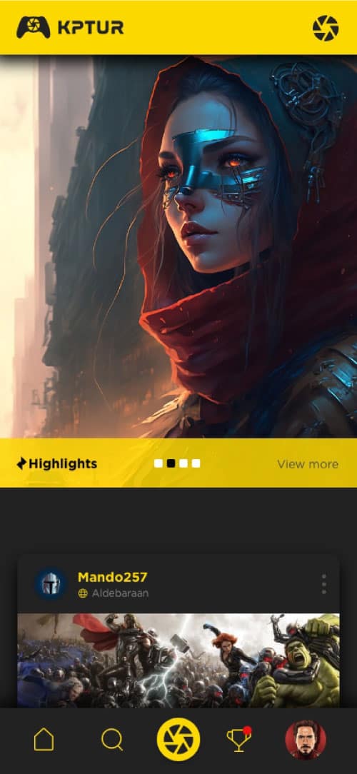 Illustration de femme futuriste masquée, fond urbain sombre.