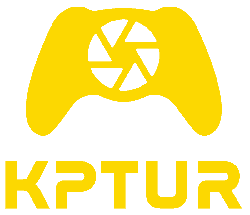 Logo jaune de KPTUR avec manette et diaphragme stylisé.