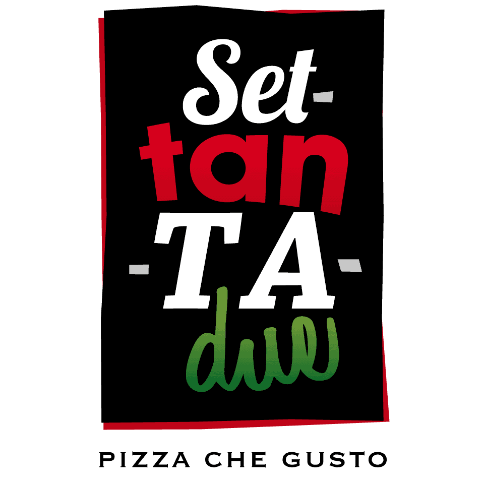 Texte stylisé "Settanta due" avec "Pizza che gusto" en bas.