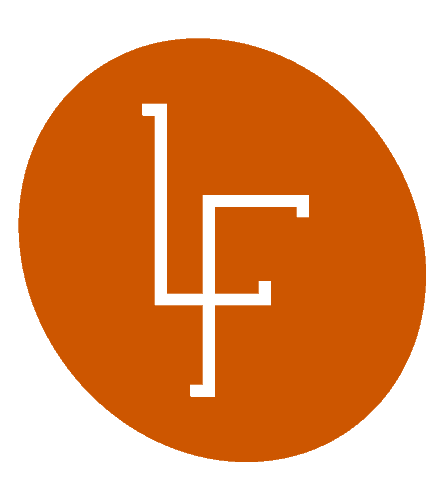 Logo noir "LF" sur fond ovale orange.