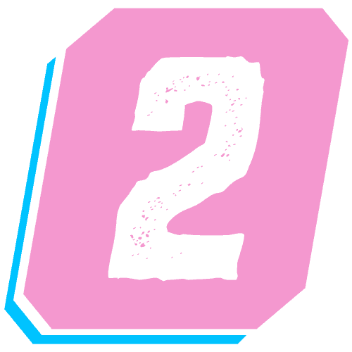 Le chiffre 2 en rose sur un fond violet avec une ombre bleue.