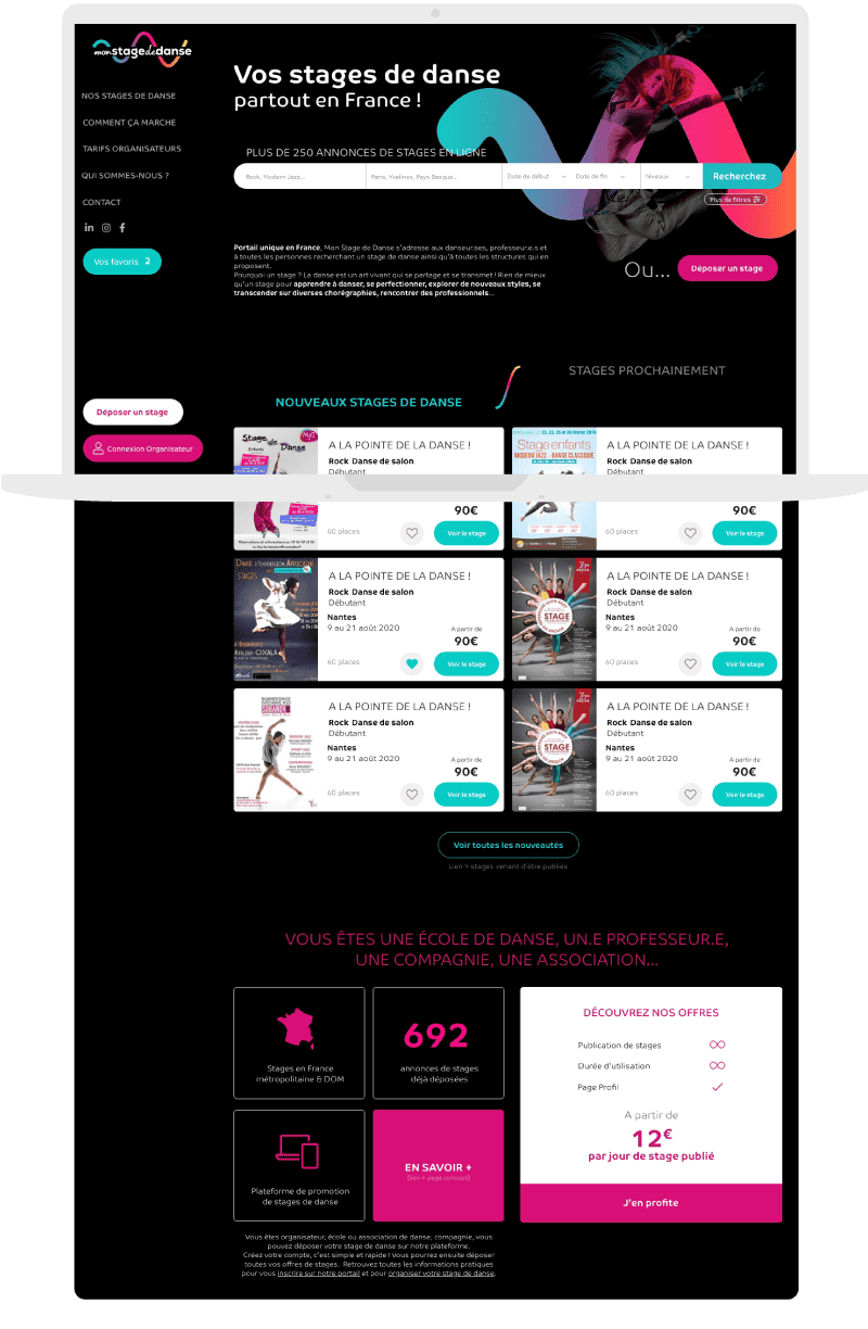 Ordinateur affichant une page web sur des stages de danse en France.