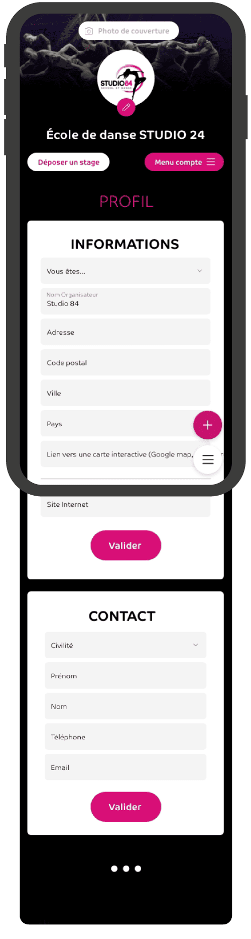 Page de profil de l'école de danse Studio 24 avec formulaire d'informations.