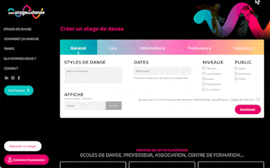 Interface de création d'un stage de danse avec options et formulaire coloré.