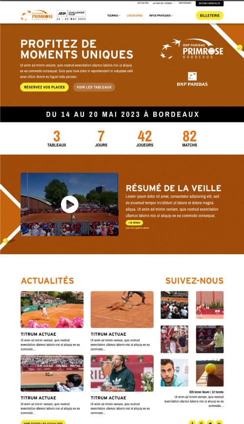 Webdesign ordinateur "Accueil" site événementiel TOURNOI TENNIS VILLA PRIMROSE BORDEAUX
