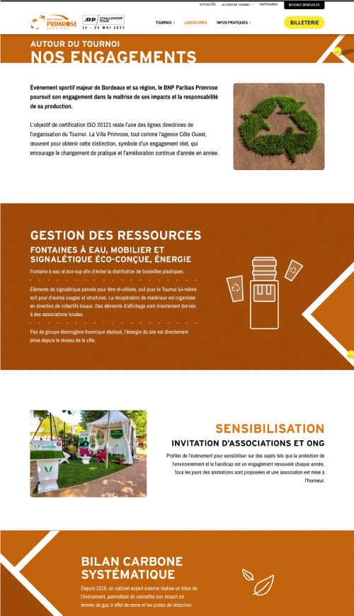 Webdesign ordinateur "Engagements" site événementiel TOURNOI TENNIS VILLA PRIMROSE BORDEAUX