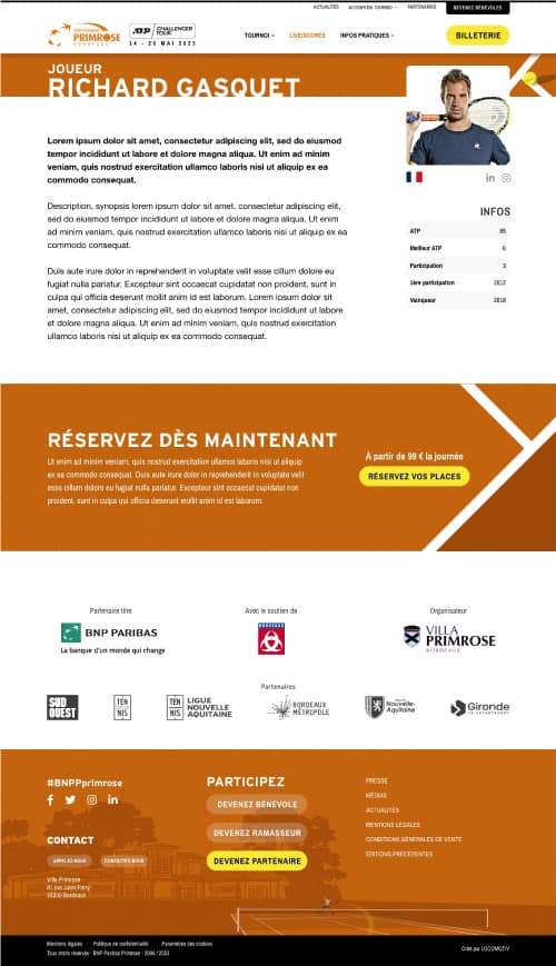 Webdesign ordinateur "Profil joueur" site événementiel TOURNOI TENNIS VILLA PRIMROSE BORDEAUX