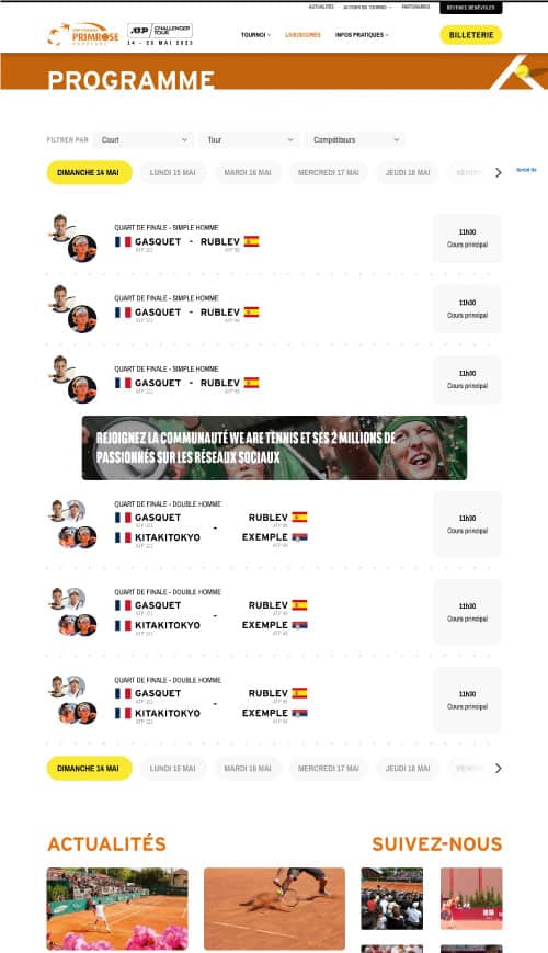 Webdesign ordinateur "Programme" site événementiel TOURNOI TENNIS VILLA PRIMROSE BORDEAUX