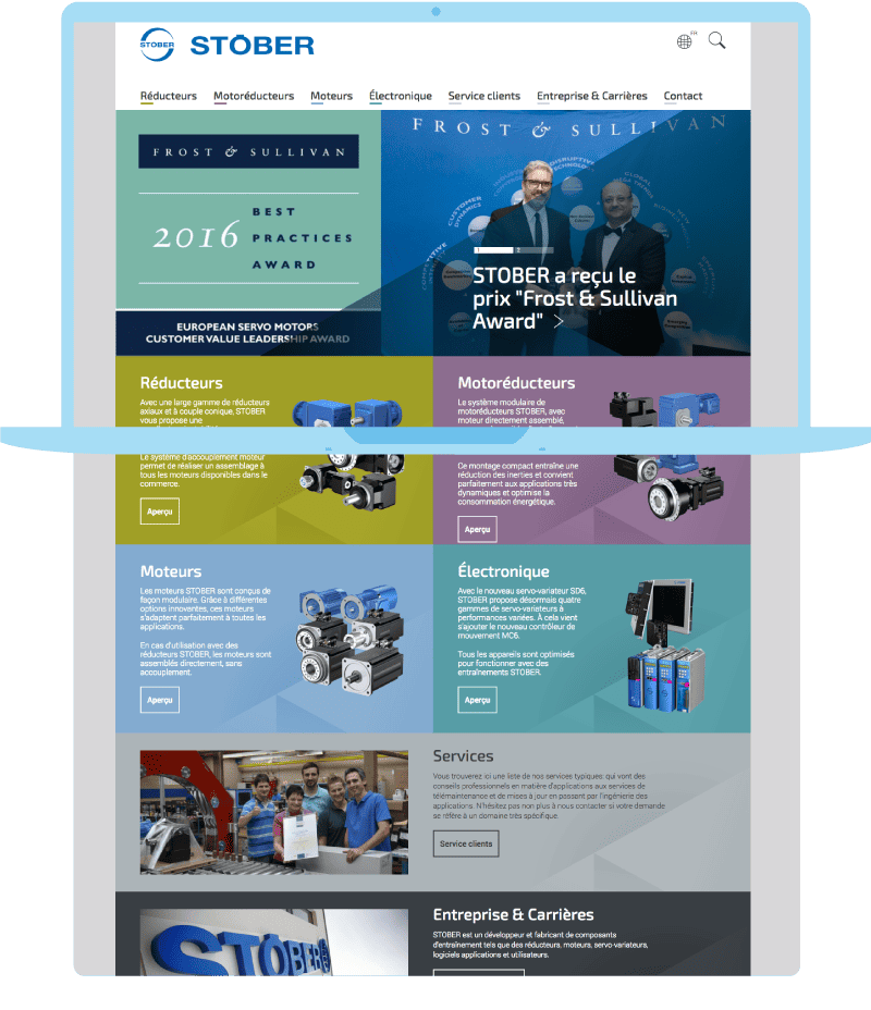 Site web de STÖBER présentant des moteurs et services industriels.