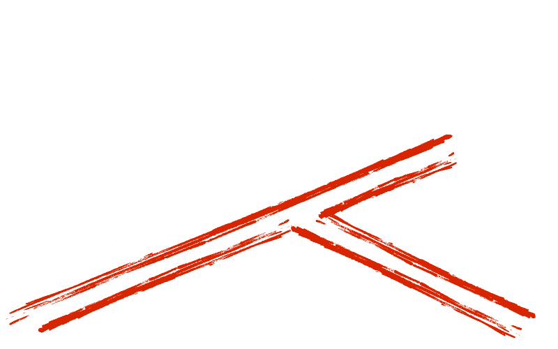 Triangle transparent avec brosses rouges diagonales superposées.