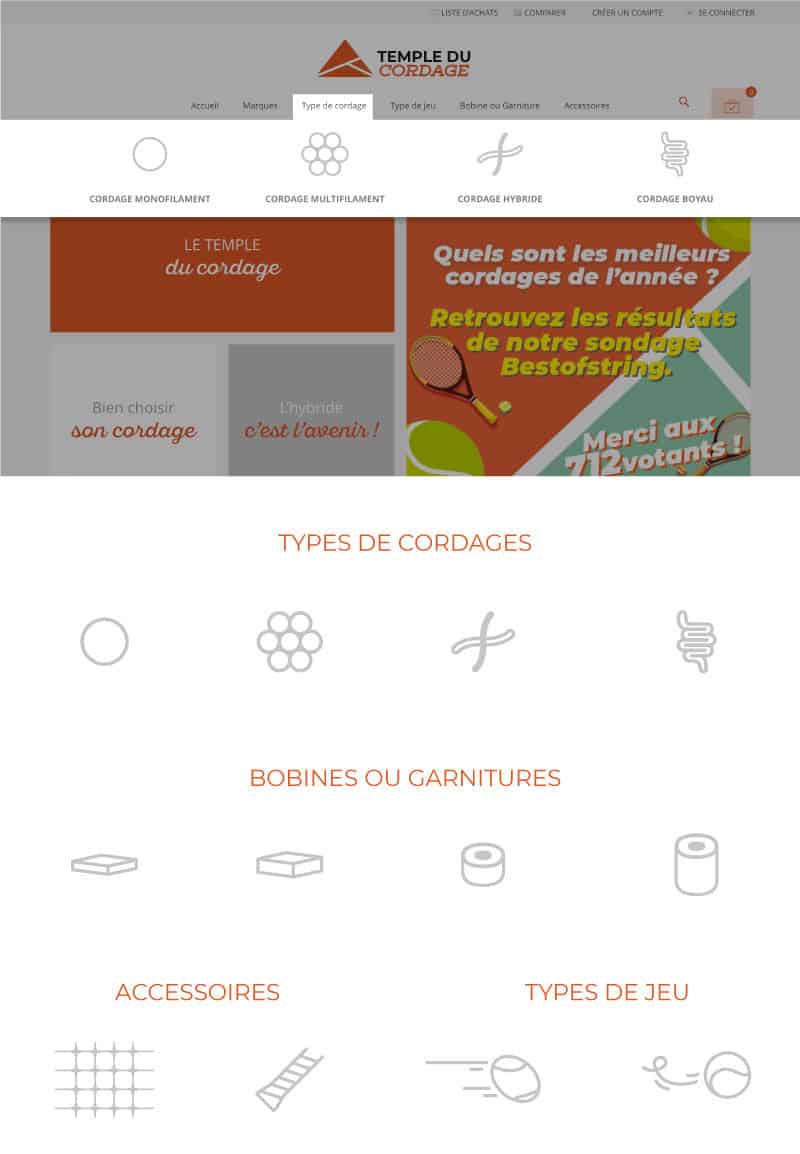 Menu du site "Temple du Cordage" avec catégories de cordes et accessoires.