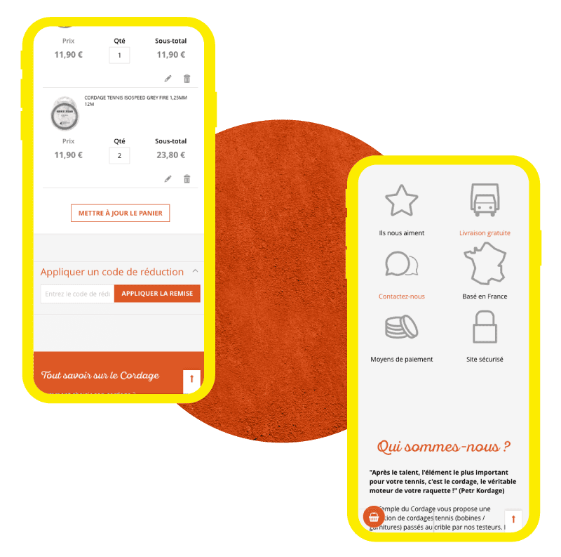 Deux écrans de smartphone avec interface d'achat en ligne pour cordages de tennis.