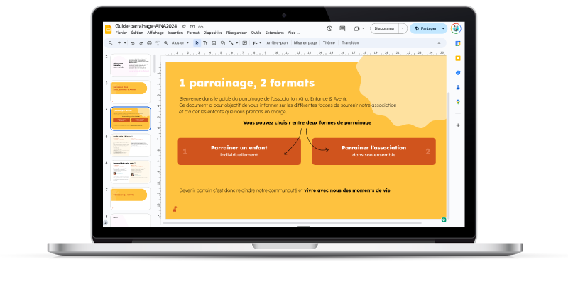 Ordinateur portable affichant une présentation sur le parrainage d'associations.