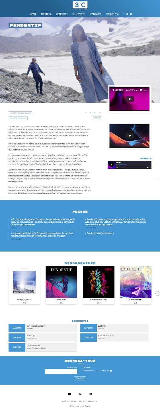 Site web de musique avec images, albums, dates de concerts, et liens de vidéos en streaming.