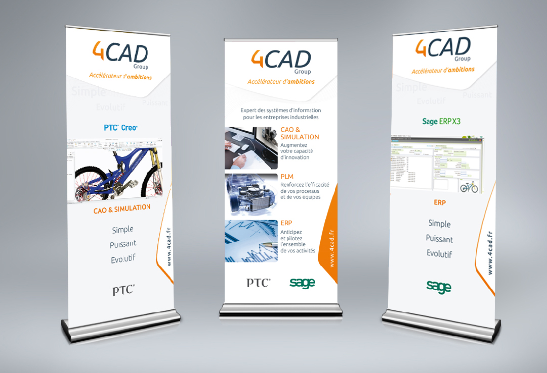 Trois roll-ups 4CAD Group présentant logiciels CAO, PLM et ERP pour entreprises industrielles.