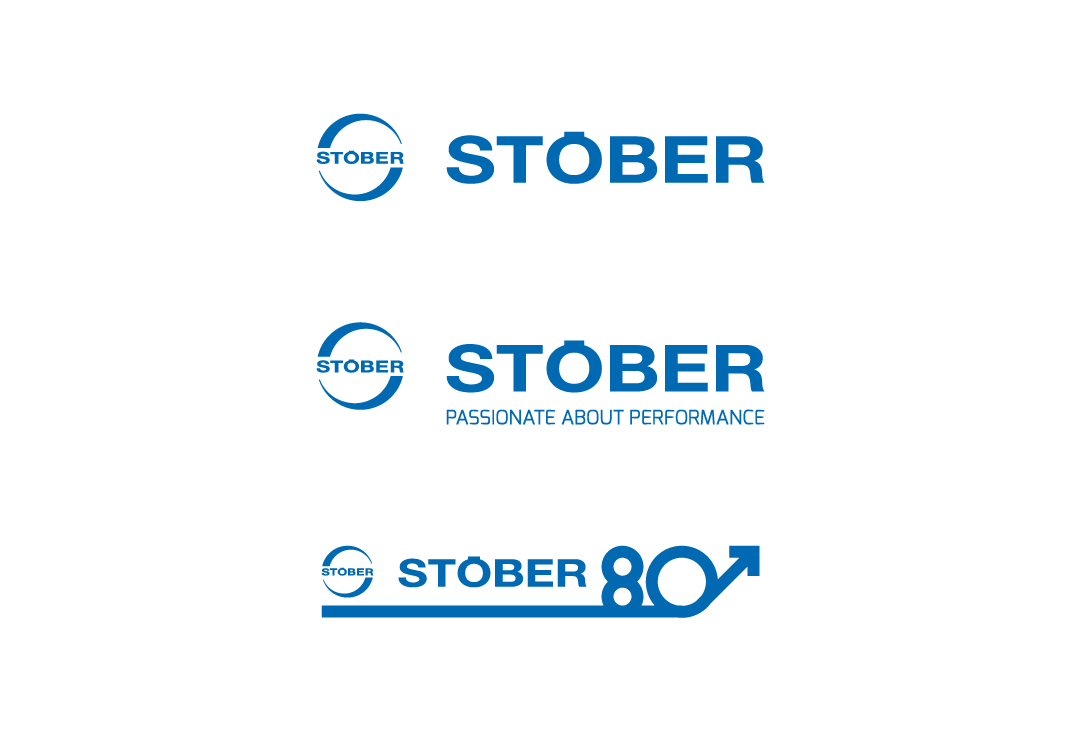 Logos de STÖBER avec texte "Passionate About Performance" et symbole 80 flèche bleue.