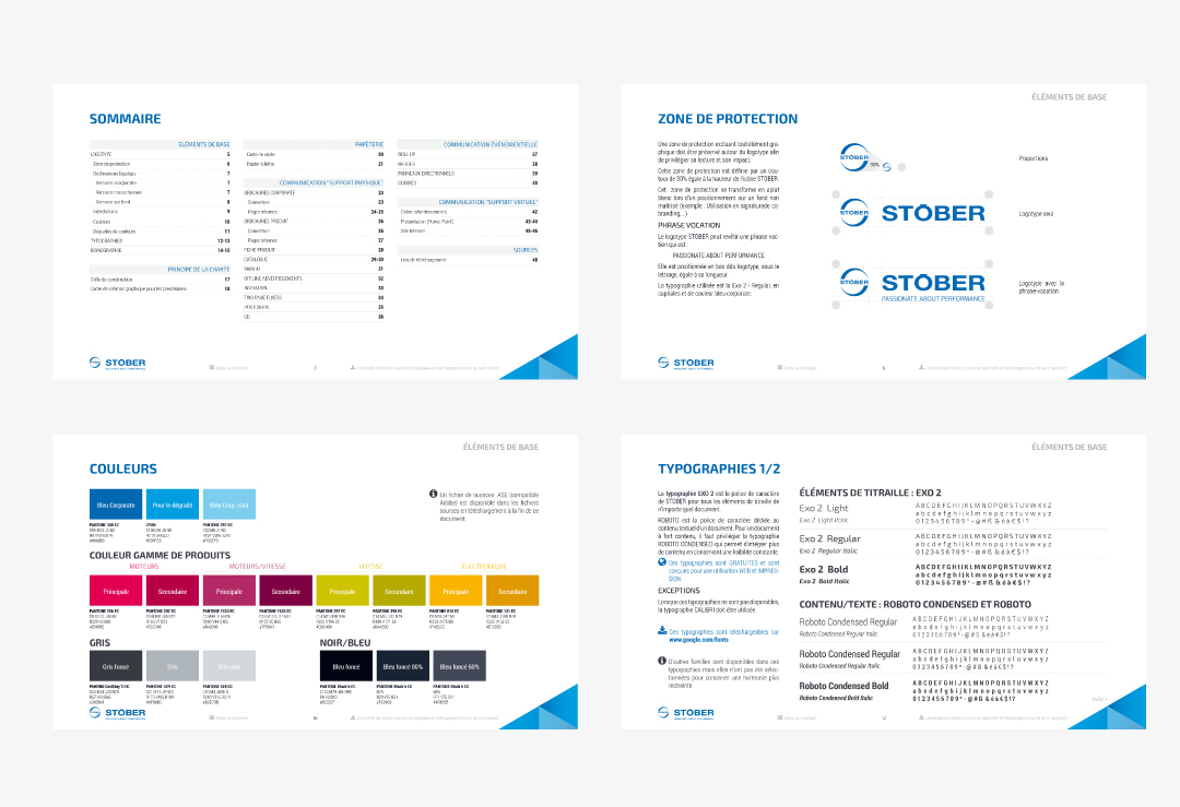 Quatre pages avec sommaire, zone de protection, couleurs et typographies de la marque.