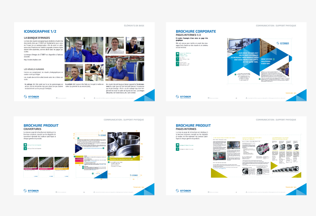 Brochures de produit Stober, mise en page et textes explicatifs en plusieurs sections.