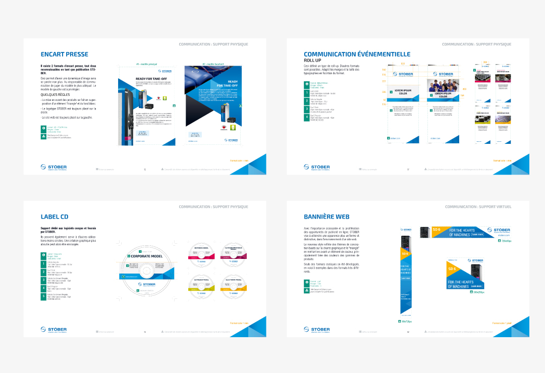 Présentation des supports de communication Stober : encart presse, roll-up, label CD, bannière web.